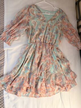 Paisley Tie-Waist V-Neck Ruffle Dress in Mint & Coral